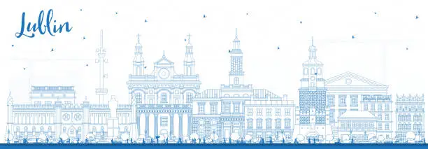 Vector illustration of Outline Lublin Poland city skyline with blue buildings on white. Lublin cityscape with landmarks. Business travel and tourism concept with modern and historic architecture.