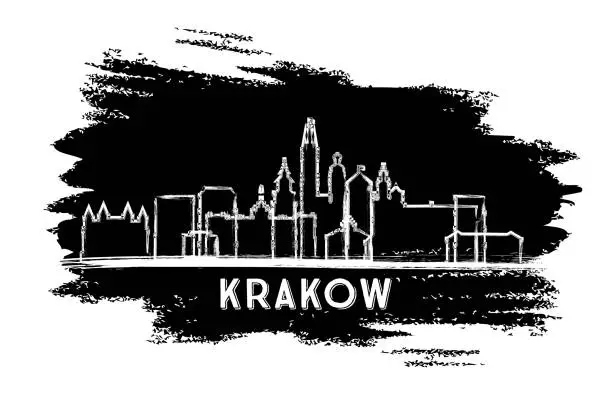 Vector illustration of Krakow Poland City Skyline Silhouette. Hand Drawn Sketch. Business Travel and Tourism Concept with Modern Architecture. Krakow Cityscape with Landmarks.