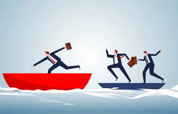 Vector illustration of Change of mind, occupation or condition, new plan or idea, replacement with a new or better one, businessmen jumping from a small boat to a big one