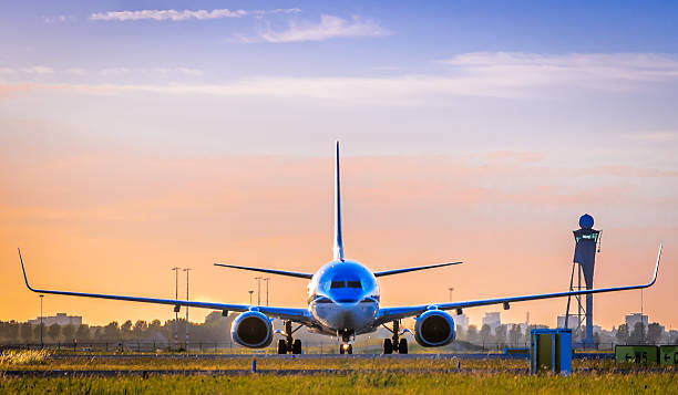 A front view of a airplane about to take off stock photo