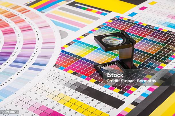 Magnifier And Test Print Stock Photo - Download Image Now - Printing Press, Printing Plant, Printing Out
