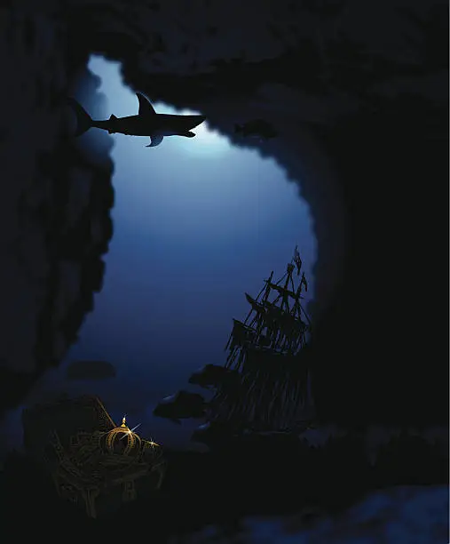 Vector illustration of Sunken Treasure Chest - Pirate Ship Background