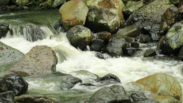 THE RIVER WATER FLOWS VERY CLOSE, BETWEEN ROCKS VERY NATURAL