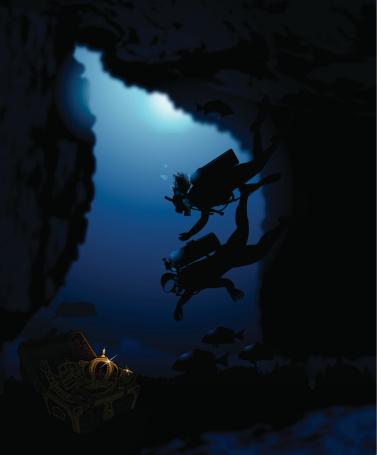 Moody background illustration of two scuba divers and a sunken treasure. Check out my 