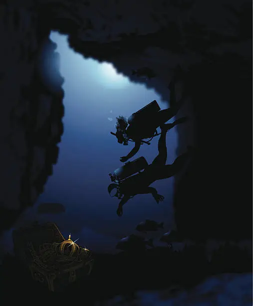 Vector illustration of Scuba Diver Couple with Sunken Pitate Treasure