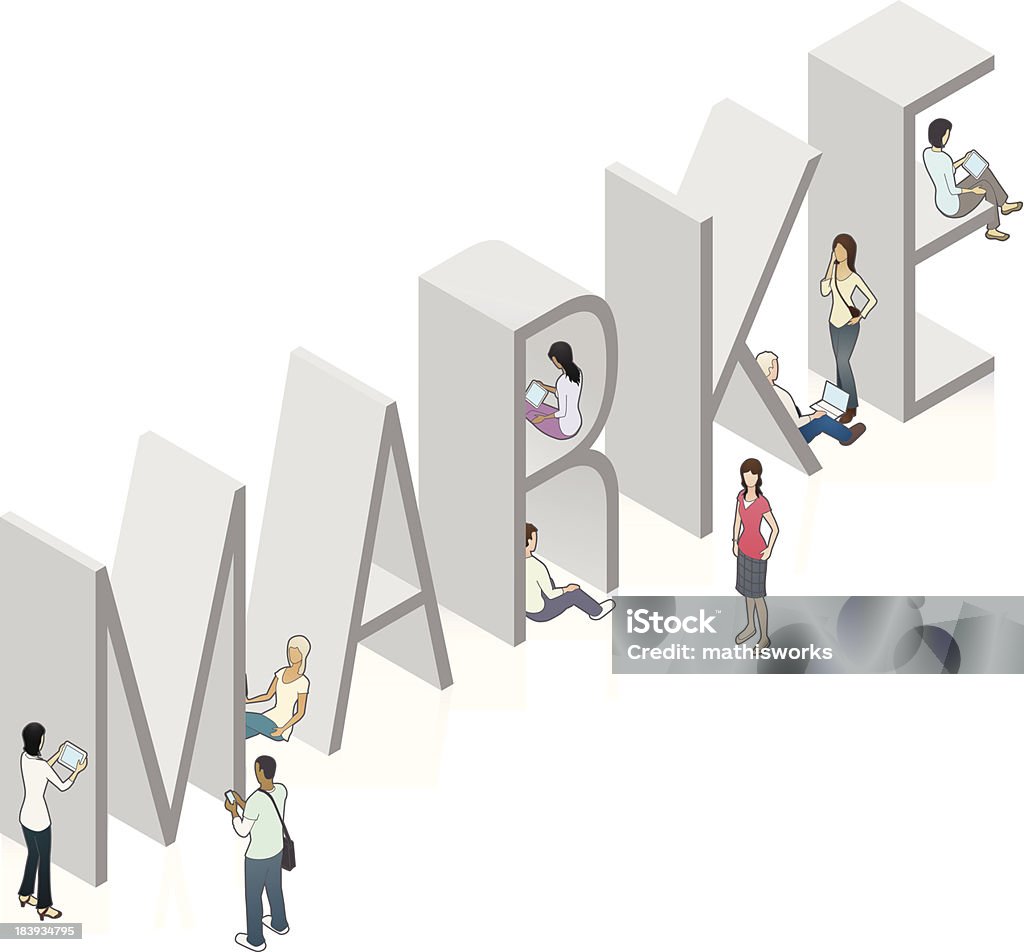 MARKE Word Art The word “marke” (in German) as an isometric illustration, surrounded by detailed men and women using mobile technology. Adulation stock vector
