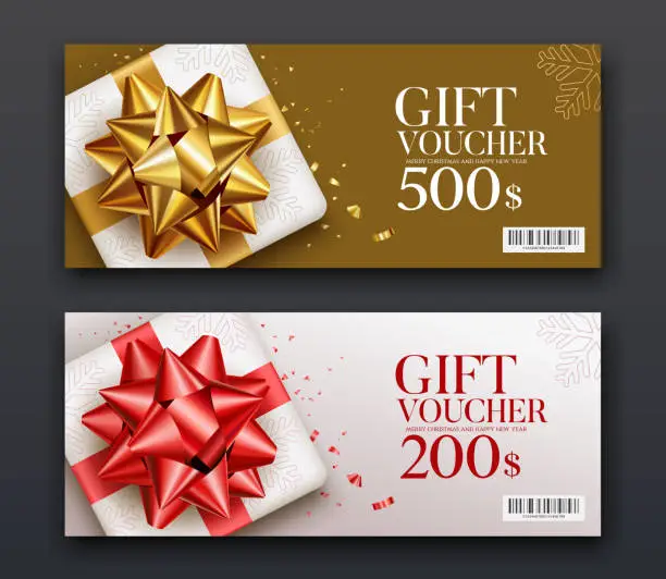 Vector illustration of Gift vouchers white gift box, golden and red ribbon, collections concept design
