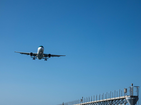 Airplane landing in airport César Manrique-Lanzarote, Arrecife, Canary Island, Spain
