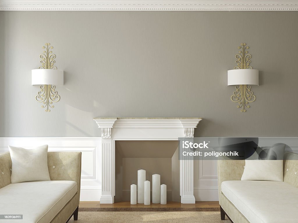 Modern living-room with fireplace. Modern living-room interior with fireplace. 3d render. Digitally Generated Image Stock Photo