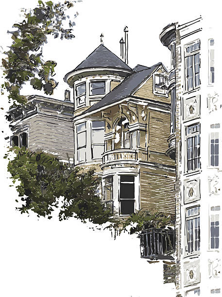victorian style house Vector illustration of characteristic victorian style house. Each color is placed on a single level. You can easily change the colors or change details according to your needs. victorian house stock illustrations