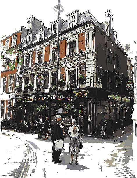 english pub vector illustration of English pub in watercolor style. Each color is placed on a single level. You can easily change the colors or change details according to your needs. corner bar exterior stock illustrations