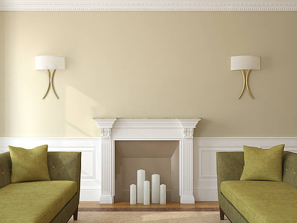 Overview of modern olive themed living room interior