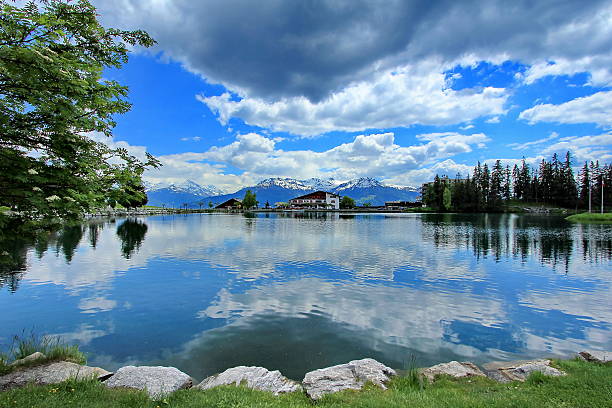 Crans-Montana, Switzerland Crans-Montana, Switzerland, lake and sky blue crans montana stock pictures, royalty-free photos & images