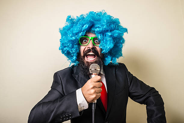 istock crazy funny bearded man with blue wig 183938340