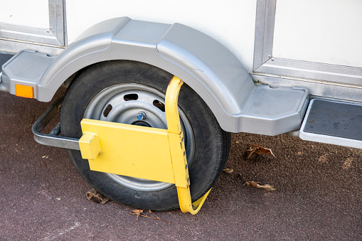 Wheel lock for anti theft trailer protection system against automobile trailer theft by blocking the rotation of the wheel