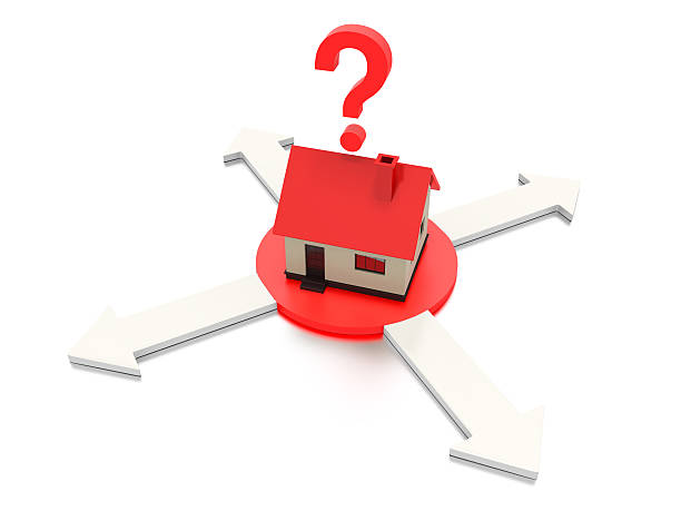 istock Red house with four arrows and a question mark. 183938923