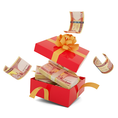 Afghan Afghanis notes inside an open red gift box. Afghan Afghani inside and flying around a gift box. 3d rendering of money inside box isolated on white background