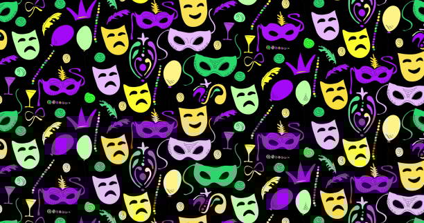 Mardi Gras Fat Tuesday graphic motion Mardi Gras Fat Tuesday. Animation background with beautiful Fleur-de-Lis lily symbols, carnival mask on black screen. Carnival Mardi Gras greeting 4K seamless loop video moving from left to right black background hd stock illustrations