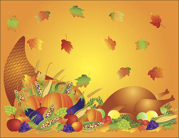 추수감사절 포식하기 풍요의 뿔 및 하띤 배경기술 벡터 일러스트레이션 - thanksgiving plum autumn apple stock illustrations