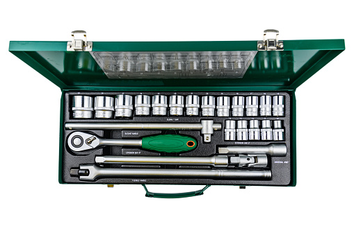 Socket set with socket wrench isolated on white background. Toolkit for car maintenance