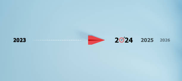 istock red plane is heading to 2024 target. business creativity new idea discovery innovation technology. new year idea concept. 1839411944