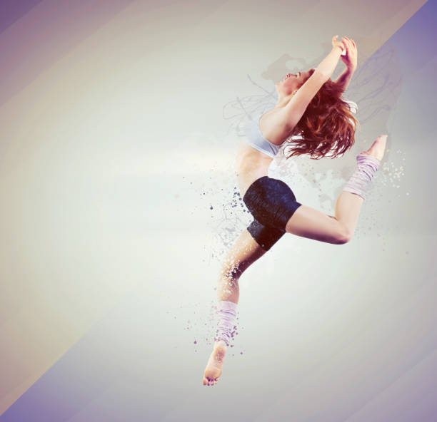 istock Woman, dancing and jump art paint for creative expression, exercise, performance or colorful overlay. Person, aerobics or workout gymnastics with routine, energy or fit leap as  practice or training 1839426730