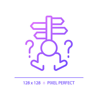 2D pixel perfect gradient indecisiveness icon, isolated vector, thin line purple illustration representing psychology.