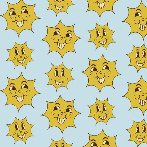 Vector illustration of Retro style pattern with smiling and slyly looking suns