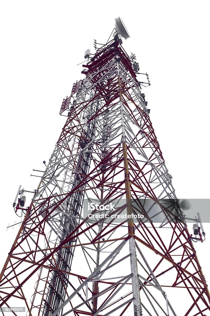 Communications Tower Communications Tower Satellite pole red and white on a white background isolated Broadcasting Stock Photo