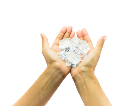 young girl hand hold many ice isolated on white background