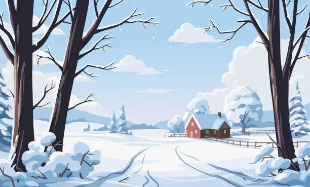 Vector illustration of House In Idyllic Winter Landscape