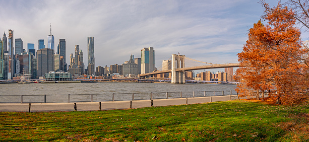 Brooklyn Bridge Park and Downtown Manhattan skyline on the background, New York City