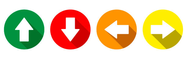 Up, down, left and right arrows. Multi-colored round icons with white arrows. Up, down, left and right arrows. Multi-colored round icons with white arrows. multi medal stock illustrations