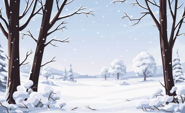 Vector illustration of Idyllic Winter Landscape With Snow Covered Trees