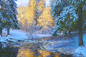 Winter morning landscape of a flowing frozen river in the forest.