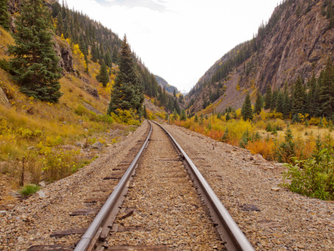 Railroad tracks. This train is in daily operation on the narrow gauge railroad between Durango and Silverton Colorado