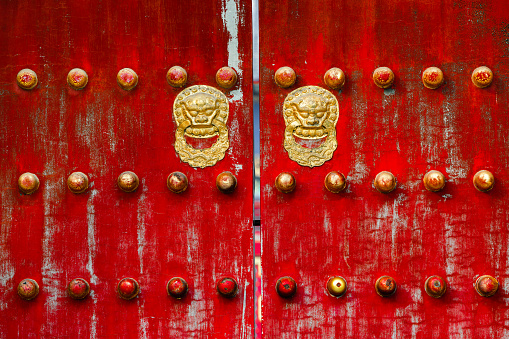 Close-up Part of an Yellow Wooden Door in India