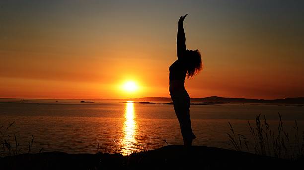 istock Silhouette, woman on background of a sunset 183950536