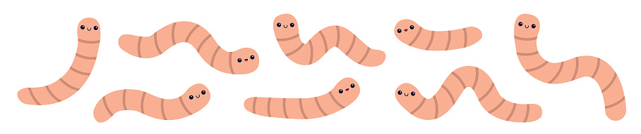 Earthworm set line. Worm insect icon. Cartoon funny kawaii baby animal character. Cute crawling bug collection. Smiling face. Pink color. Flat design. White background. Isolated. Vector illustration