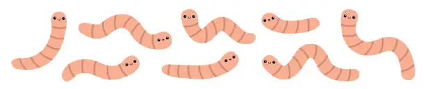 Vector illustration of Earthworm set line. Worm insect icon. Cartoon funny kawaii baby animal character. Cute crawling bug collection. Smiling face. Pink color. Flat design. White background. Isolated