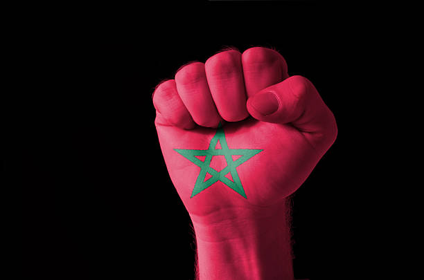 Low key picture of a fist painted in colors of morocco flag