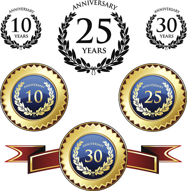 ilustraciones, imágenes clip art, dibujos animados e iconos de stock de aniversario medallas y juntas - laurel wreath bay tree wreath gold