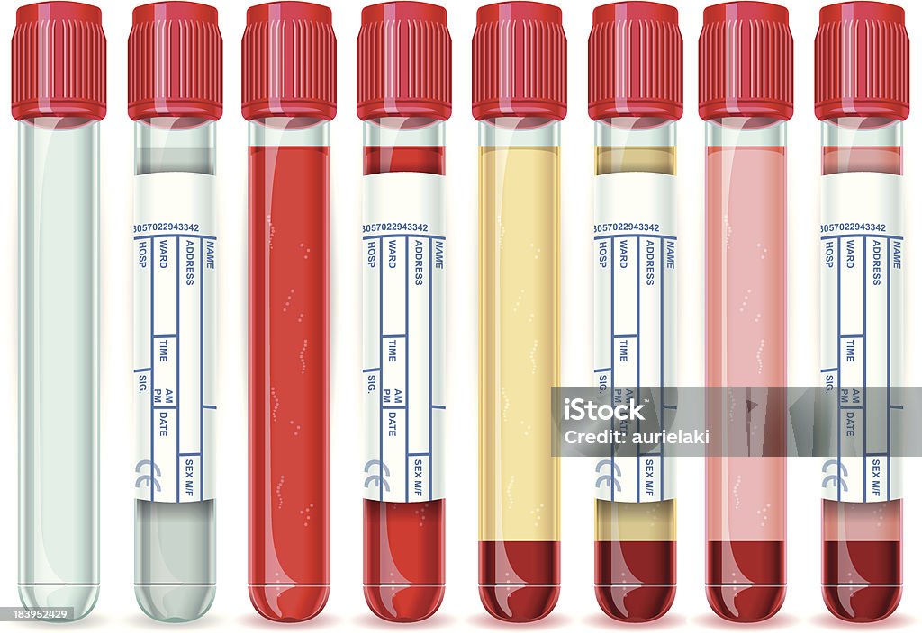 Red Cap Tube with Six Possible Uses Detailed illustration of a Red Cap Tube with Six Possible Uses, empty, blood, serum or plasma. Test Tube stock vector