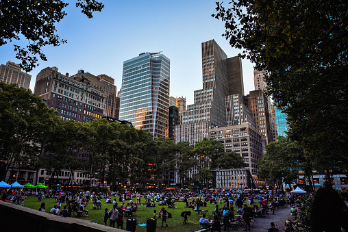 Bryant Park is a 9.6-acre (39,000 m2) public park located in the New York City borough of Manhattan. Privately managed, it is located between Fifth Avenue and Avenue of the Americas (Sixth Avenue) and between 40th and 42nd Streets in Midtown Manhattan.