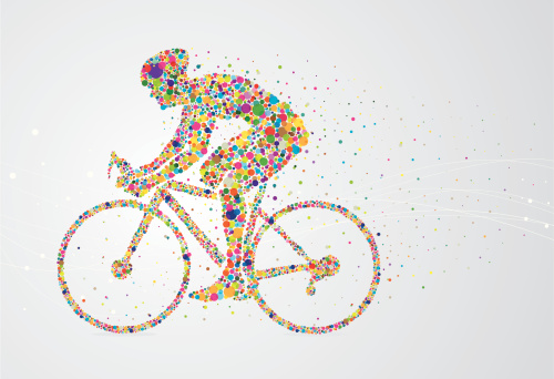 Cyclist pixel man on an abstract background. Man and the pixels behind him are grouped and on different layers. Can be separated. Simple gradient was used on background. Included files are; Aics3 and Hi-res jpg.