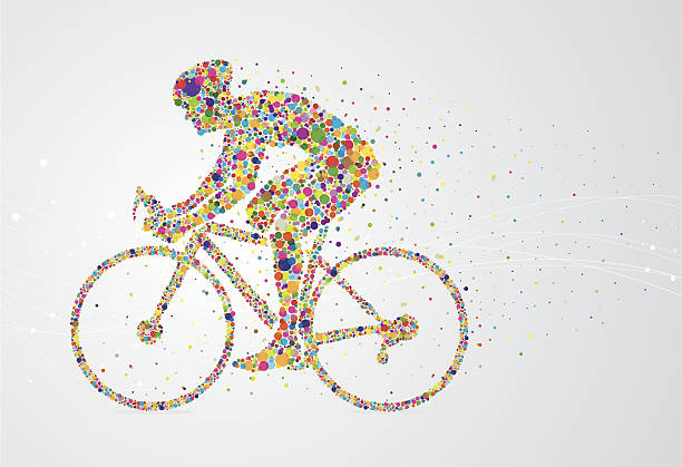 Cyclist pixel man Cyclist pixel man on an abstract background. Man and the pixels behind him are grouped and on different layers. Can be separated. Simple gradient was used on background. Included files are; Aics3 and Hi-res jpg. bicycle patterns stock illustrations
