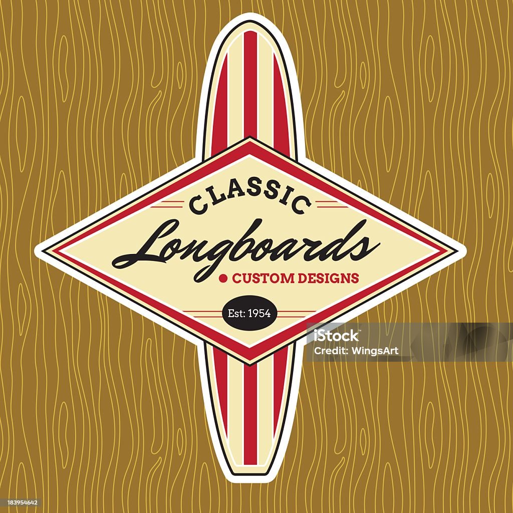 Classic longboard logo sticker on a surfboard Classic Surf Logo Design - All fonts shown are for visual purposes only and freely availalble for open license use from sources such as google fonts. Surfboard stock vector
