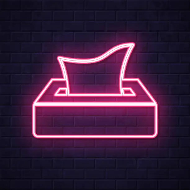 Vector illustration of Tissue box. Glowing neon icon on brick wall background