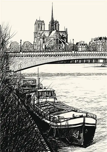 Vector illustration of Paris - Ile de la cite barges