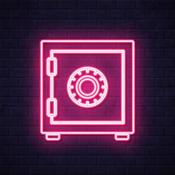 ilustrações de stock, clip art, desenhos animados e ícones de strongbox. glowing neon icon on brick wall background - night deposit box